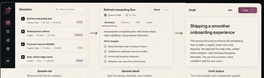 Bramble product flow showing a session list, session detail, and draft output